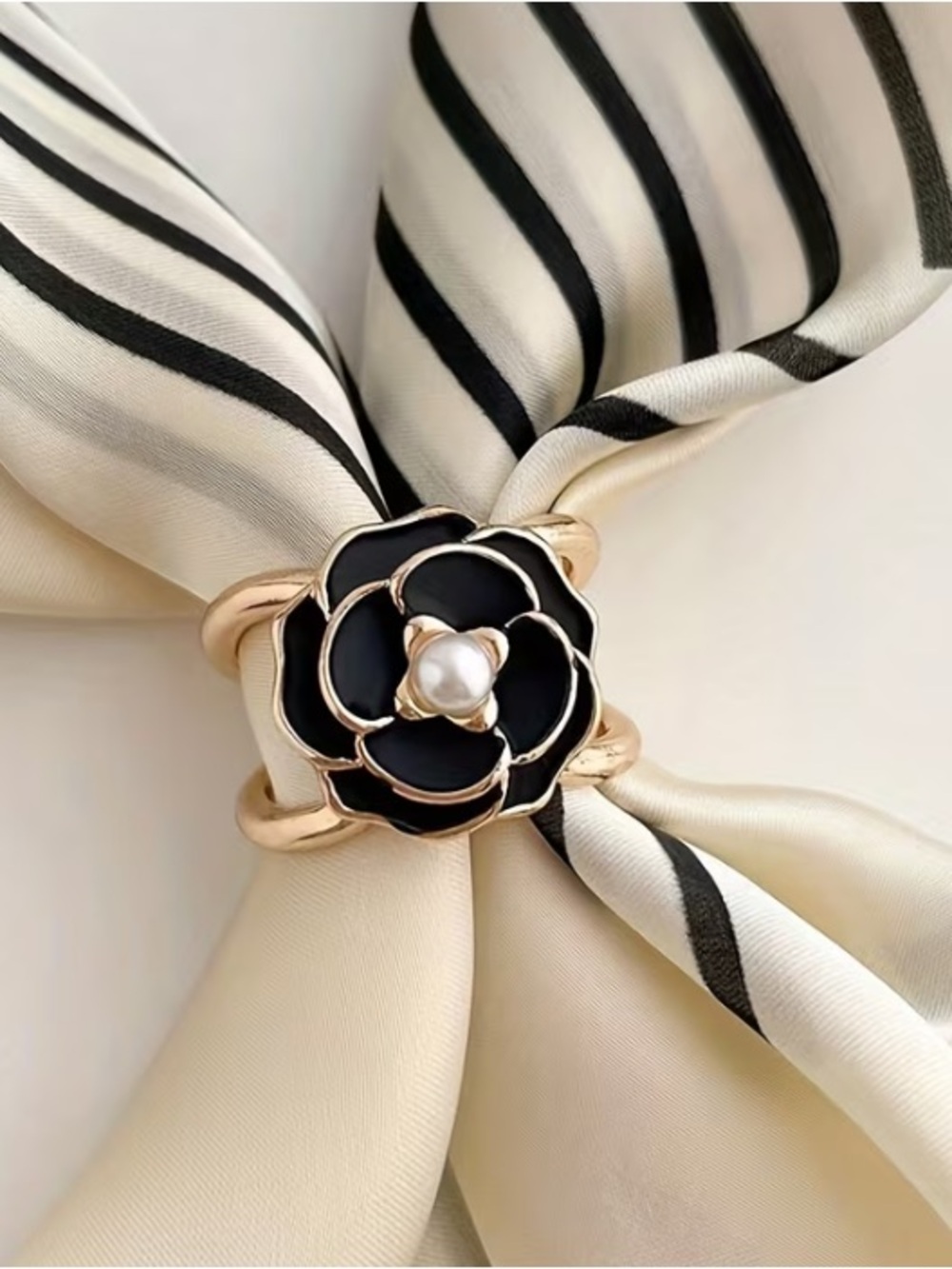 Black Enamel Flower w/ Faux Pearl Center Scarf Slide